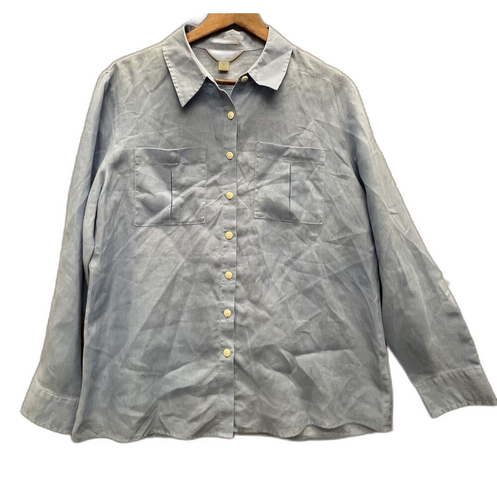 Investments Gold Label Button Down Shirt Sz 16 Blue Linen LS Roll-button Tab